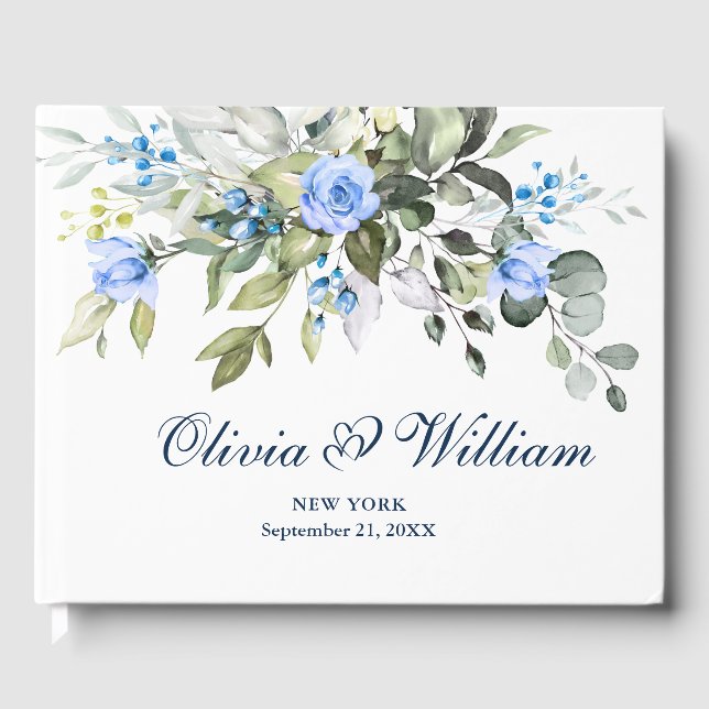 Elegant Eucalyptus Blue Ro Blommigt Bröllop Gästböcker (Framsida)