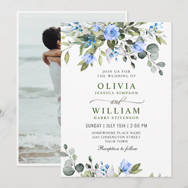 Elegant Eucalyptus Blue Ro Greenery Bröllop Inbjudningar (Fram/baksida)