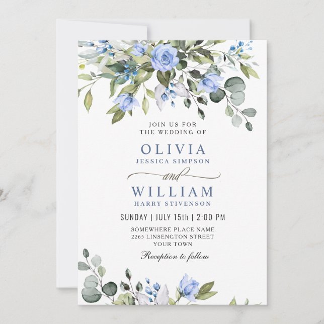 Elegant Eucalyptus Blue Ro Greenery Bröllop Inv Inbjudningar (Framsida)