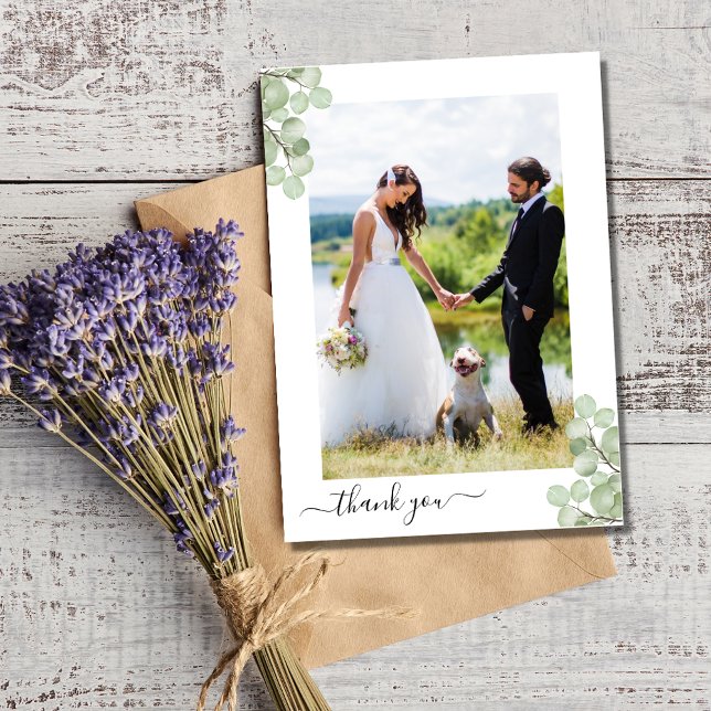 Elegant Eucalyptus Botanical Bröllop Photo Tack Kort (Elegant Eucalyptus Botanical Wedding Photo Thank You Card)