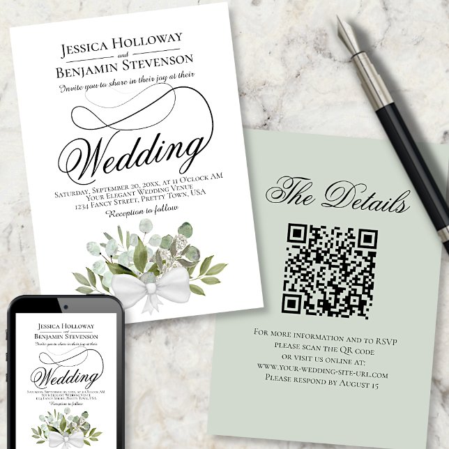 Elegant Eucalyptus Bouquet QR Code Bröllop Inbjudningar (Front, Back & Digital Download)