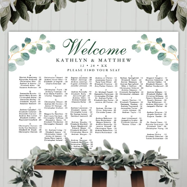 Elegant Eucalyptus Bröllop Alfabetiskt säte Poster (Skapare uppladdad)