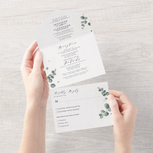 Elegant Eucalyptus Bröllop alla i en enda inbjudan (Avrivbar del)