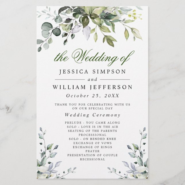 Elegant Eucalyptus Bröllop Ceremony-programmet (Framsida)