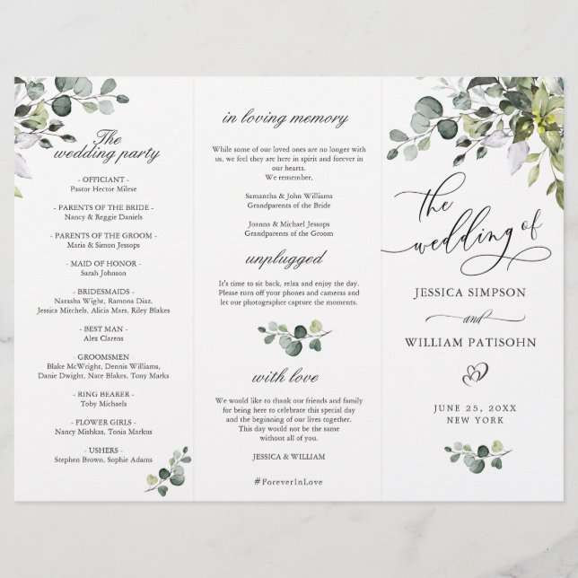 Elegant Eucalyptus Bröllop Ceremony-programmet (Framsida)