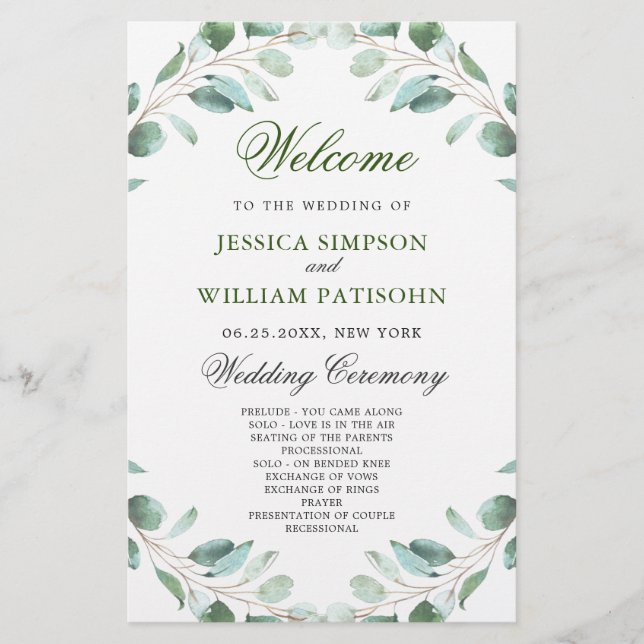 Elegant Eucalyptus Bröllop Ceremony-programmet (Framsida)