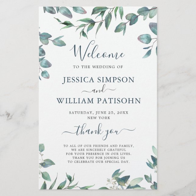 Elegant Eucalyptus Bröllop Ceremony-programmet (Framsida)