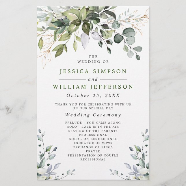 Elegant Eucalyptus Bröllop Ceremony-programmet (Framsida)