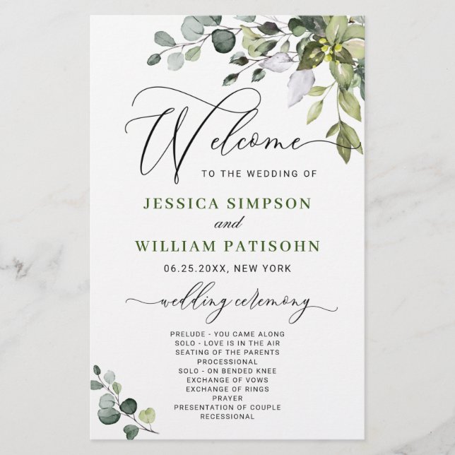 Elegant Eucalyptus Bröllop Ceremony-programmet (Framsida)