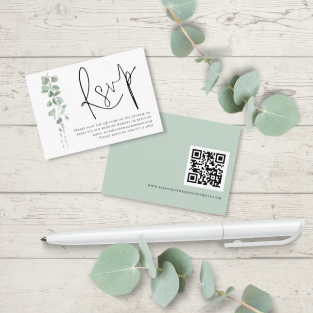 Elegant Eucalyptus Bröllop OSA QR-kod Tilläggskort (Front and back view)