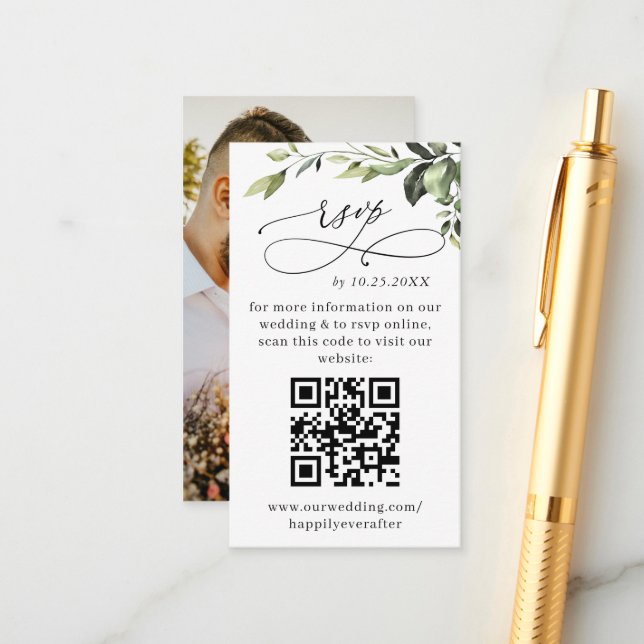 Elegant Eucalyptus Bröllop QR OSA PHOTO Tilläggskort (Fram/Back In Situ)