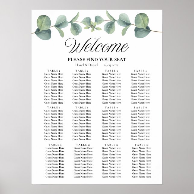 Elegant Eucalyptus Bröllop-skylt för sätesdiagram Poster (Framsidan)