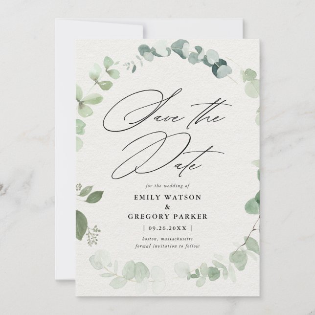 Elegant Eucalyptus Calligraphy Bröllop Spara Datumet (Framsida)