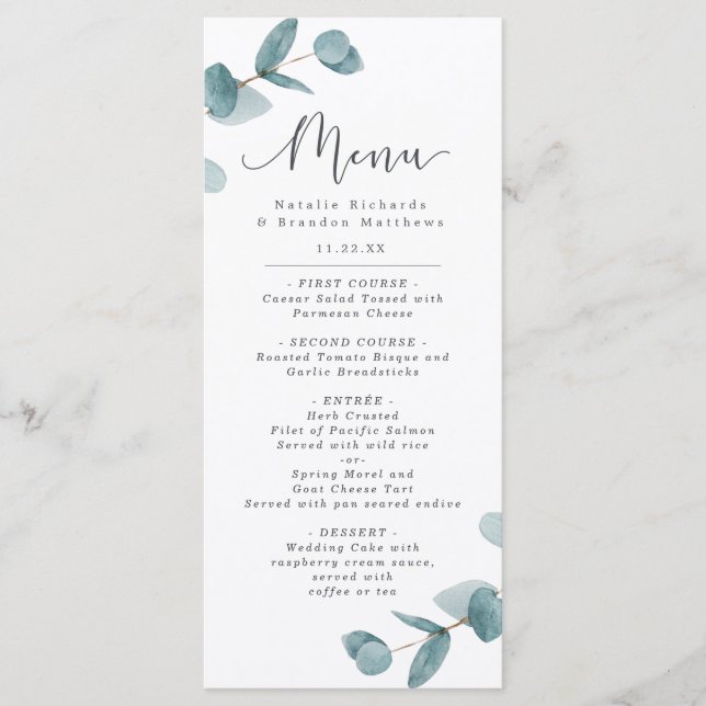 Elegant Eucalyptus & Calligraphy Script Dinner Meny (Framsida)