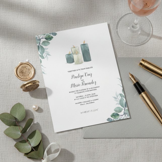 Elegant Eucalyptus & Candle Watercolor Wedding  Inbjudningar (Skapare uppladdad)