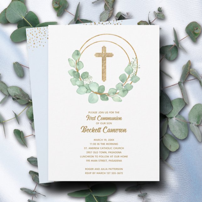 Elegant Eucalyptus First Communion Blue Inbjudningar (Skapare uppladdad)