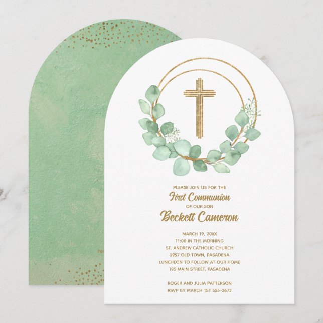 Elegant Eucalyptus First Communion Inbjudningar (Fram/baksida)