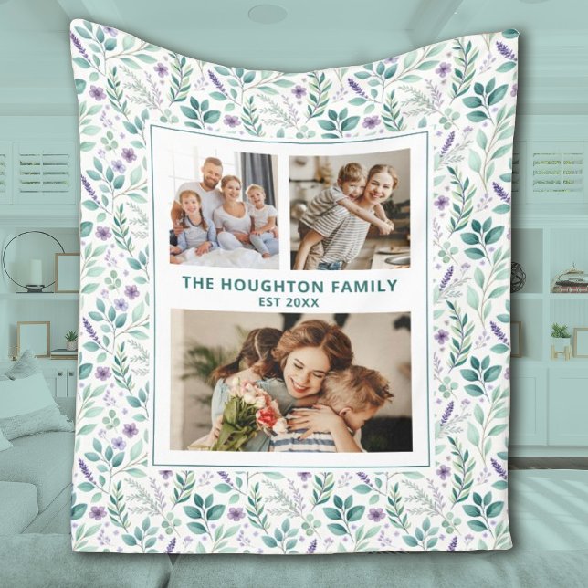 Elegant Eucalyptus Floral Family Photo Collage Fleecefilt (Pretty family photo blanket with a eucalyptus floral background. Personalize it with 3 photos & name)