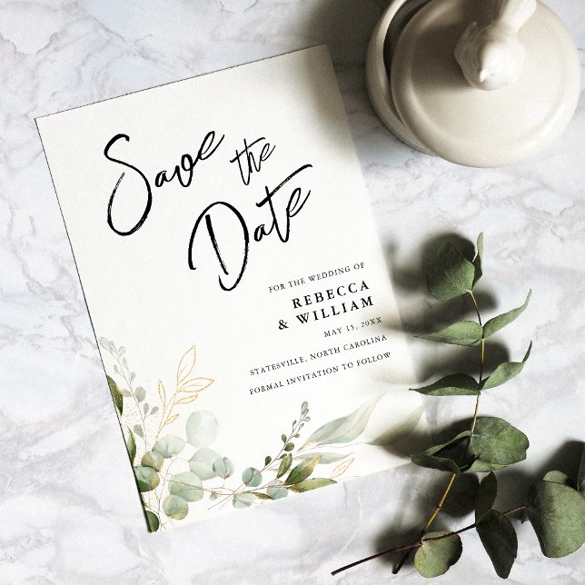 Elegant Eucalyptus Foliage Bröllop Spara Datumet (Our elegant Eucalyptus Invitation sets the tone for a sophisticated and memorable celebration.)