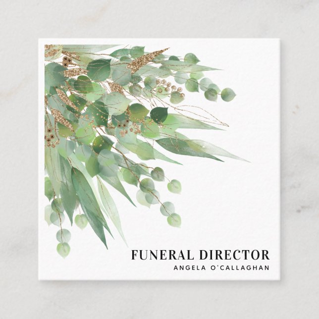 Elegant Eucalyptus Foliage & Guld Glitter Fyrkantigt Visitkort (Framsida)