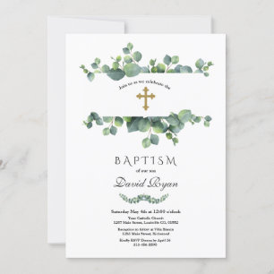 Elegant Eucalyptus Foliage Ram Guld Baptism Inbjudningar