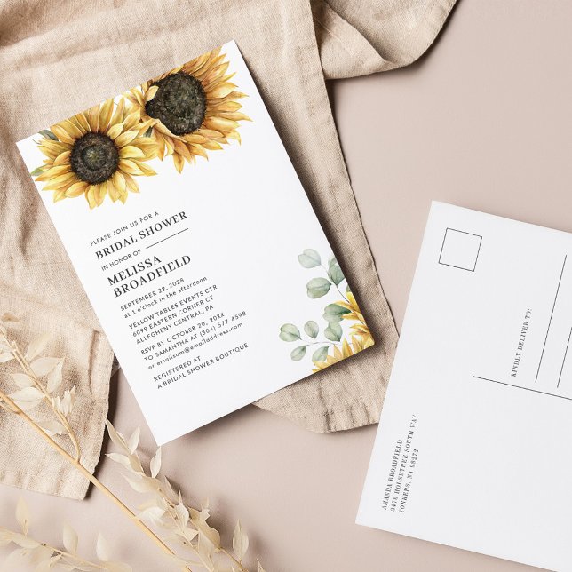 Elegant Eucalyptus Foliage Solros Möhippa Inbjudan Vykort (Sunflower Eucalyptus Floral Bridal Shower Party Invitation Postcard)