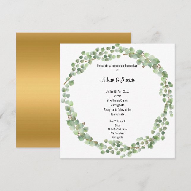 Elegant Eucalyptus Fullt Utandning Bröllop Guld Inbjudningar (Fram/baksida)