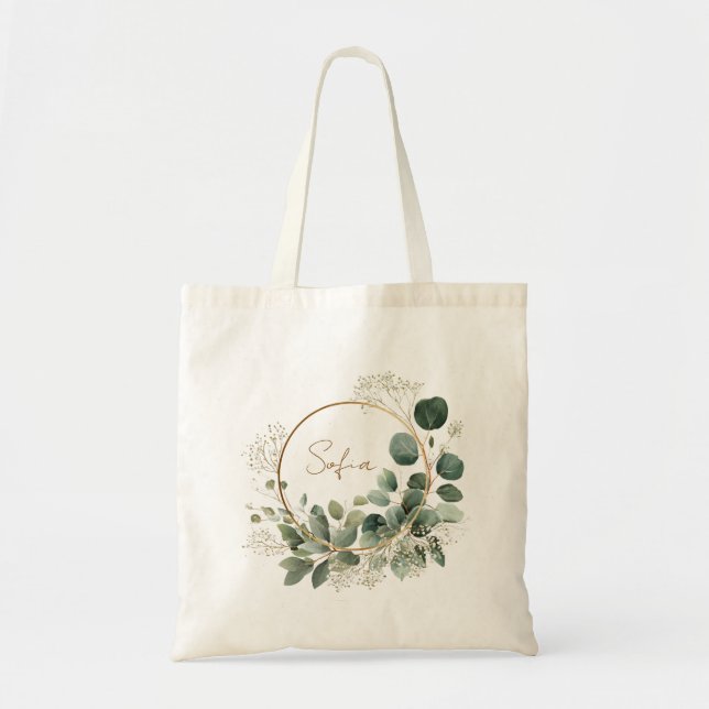 Elegant Eucalyptus Gold Frame Personalized Tote Tygkasse (Framsidan)
