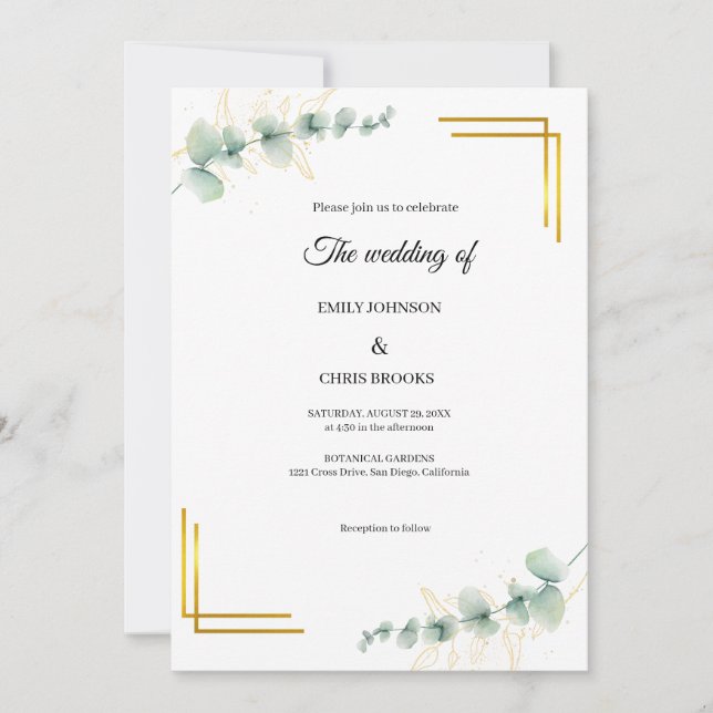 Elegant Eucalyptus Gold Wedding  Inbjudningar (Framsida)