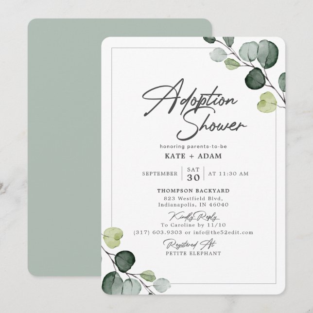 Elegant Eucalyptus Greenery Adoption Baby Shower Inbjudningar (Fram/baksida)