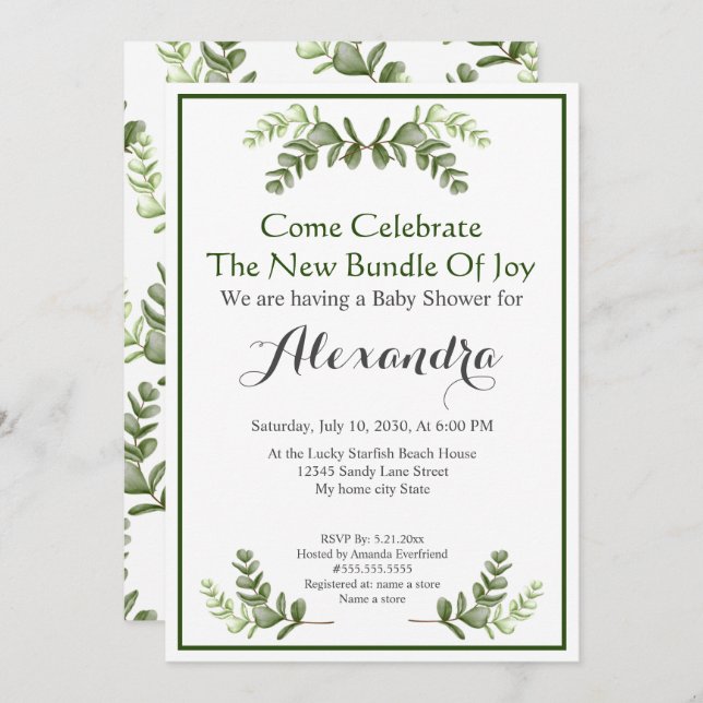 Elegant Eucalyptus Greenery Baby Shower-inbjudan (Fram/baksida)