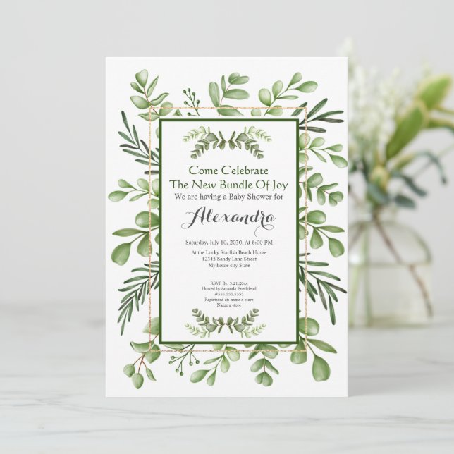 Elegant Eucalyptus Greenery Baby Shower-inbjudan (Stående Fram)