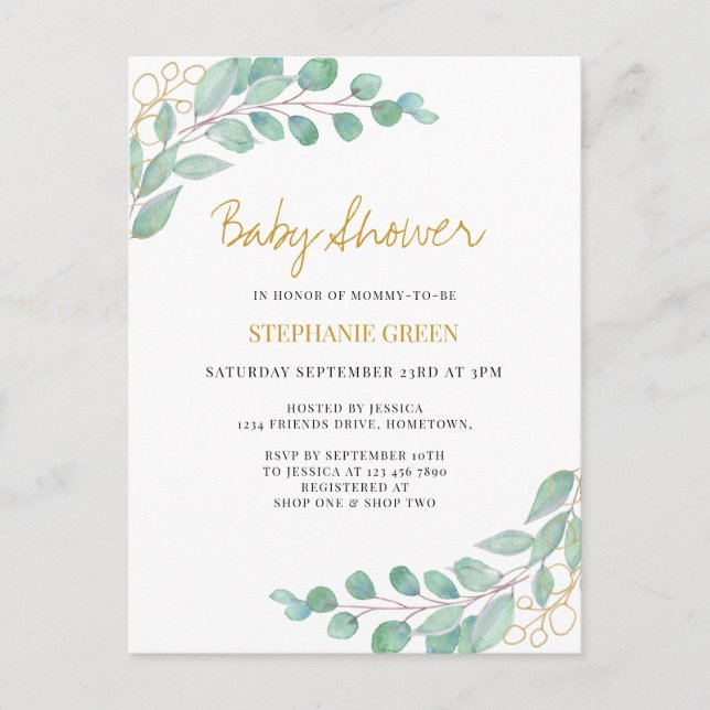 Elegant Eucalyptus Greenery Baby Shower Inbjudan Vykort (Framsida)