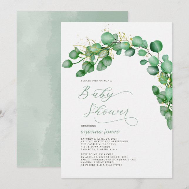 Elegant Eucalyptus Greenery Baby Shower Inbjudningar (Fram/baksida)