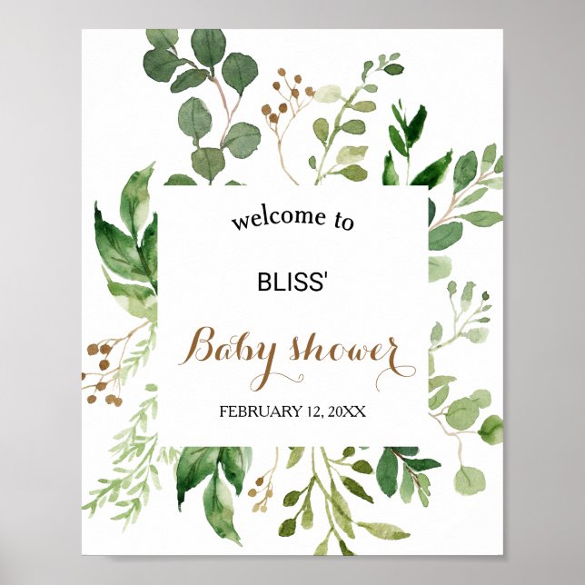 Elegant Eucalyptus Greenery Baby Shower Välkommen Poster (Framsidan)