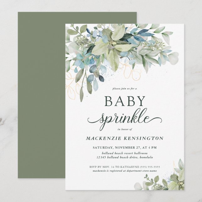 Elegant Eucalyptus Greenery Baby Sprinkle Inbjudningar (Fram/baksida)