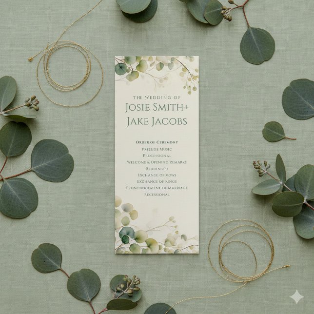Elegant Eucalyptus Greenery Botanical Ceremony Program (Eucalyptus greenery wedding ceremony program on soft sage green linen surface.)