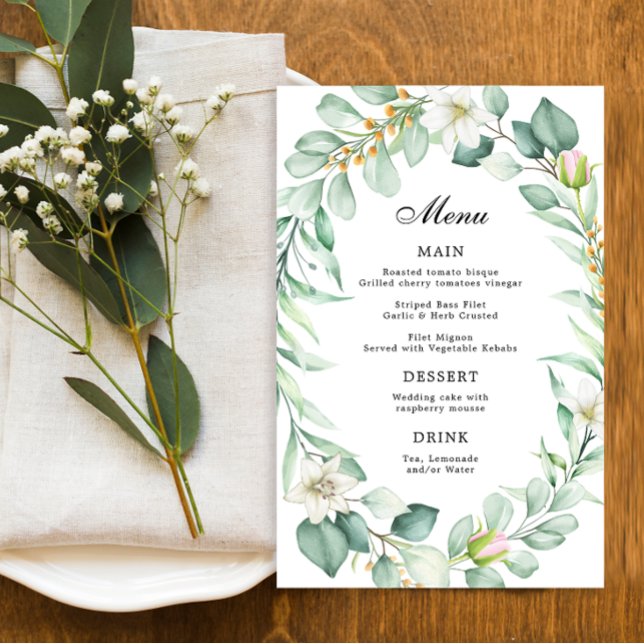 Elegant Eucalyptus Greenery Bröllop Dinner Menu (Skapare uppladdad)