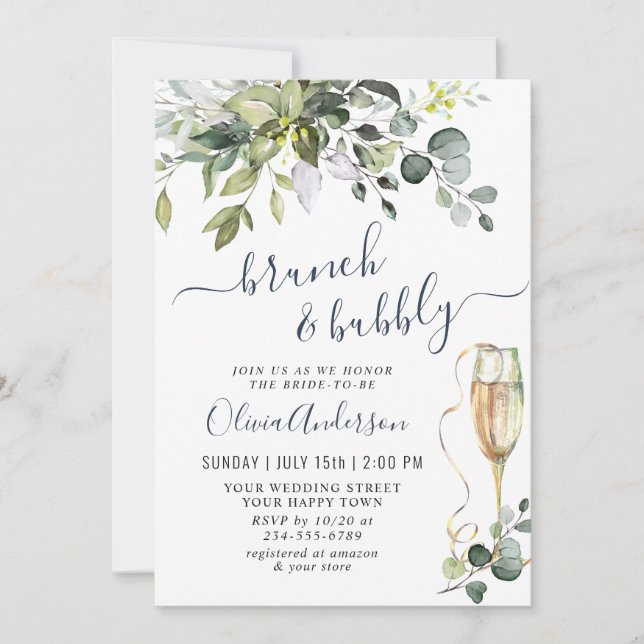 Elegant Eucalyptus Greenery Brunch & Bubly Inbjudningar (Framsida)