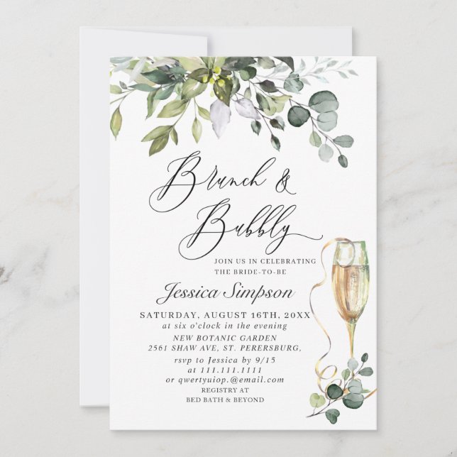 Elegant Eucalyptus Greenery Brunch & BubLY PHOTO Inbjudningar (Framsida)