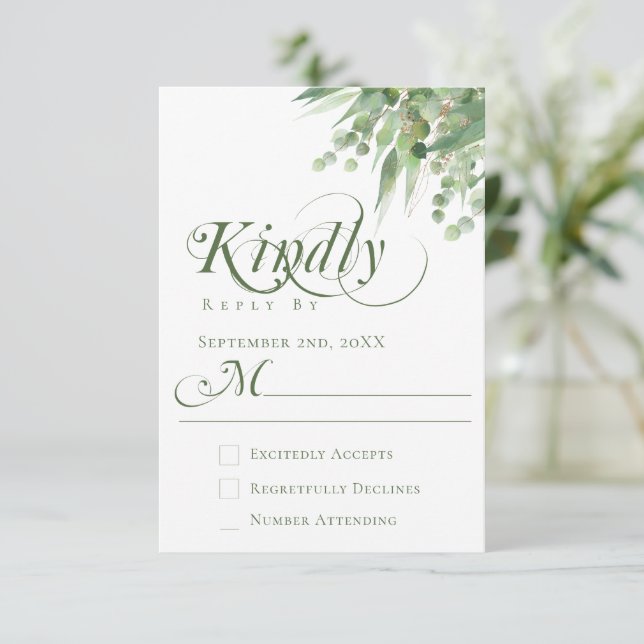 Elegant Eucalyptus Greenery Calligraphy Bröllop OSA Kort (Stående Fram)