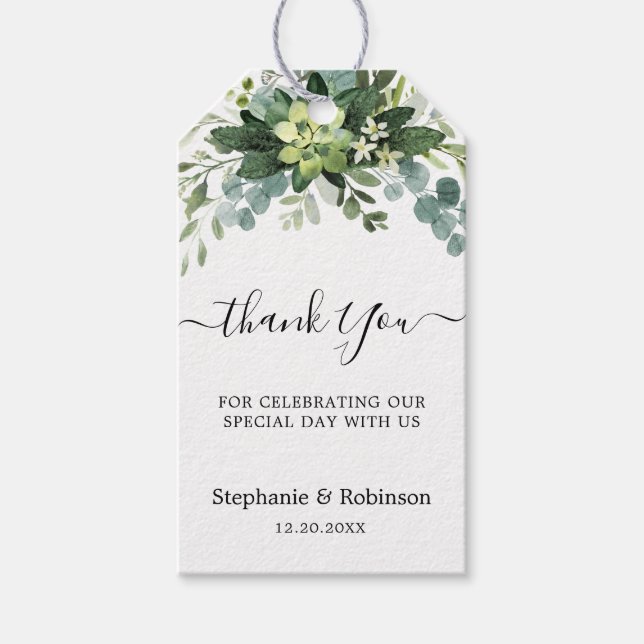 Elegant Eucalyptus Greenery Favor Tack Presentetikett (Framsidan)