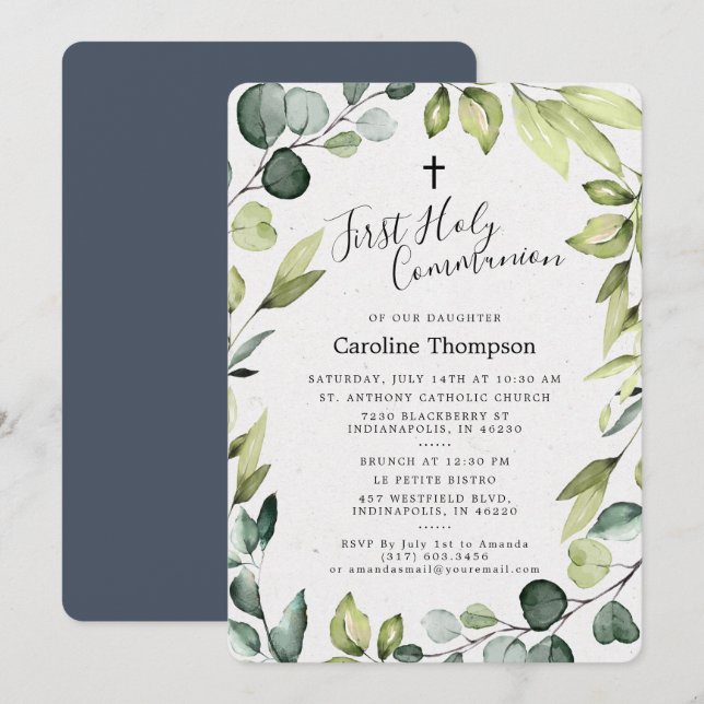 Elegant Eucalyptus Greenery First Heliga Communion Inbjudningar (Fram/baksida)
