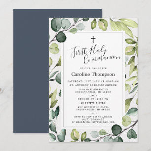Elegant Eucalyptus Greenery First Heliga Communion Inbjudningar