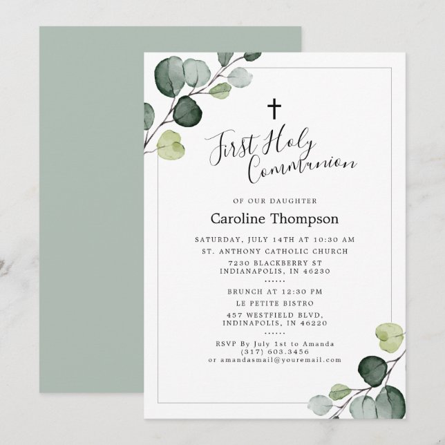 Elegant Eucalyptus Greenery First Heliga Communion Inbjudningar (Fram/baksida)