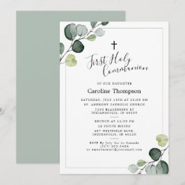 Elegant Eucalyptus Greenery First Heliga Communion Inbjudningar