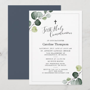 Elegant Eucalyptus Greenery First Heliga Communion Inbjudningar