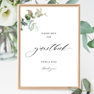 Elegant Eucalyptus Greenery Guestbook Bröllop Sign Poster