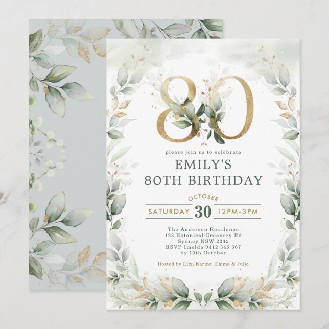 Elegant Eucalyptus Greenery Guld 80:e födelsedagen Inbjudningar (Fram/baksida)