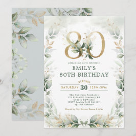 Elegant Eucalyptus Greenery Guld 80:e födelsedagen Inbjudningar
